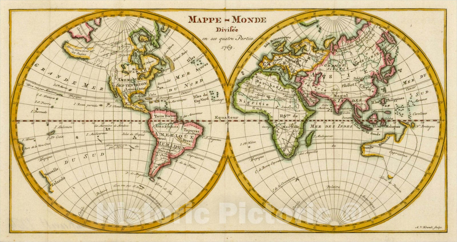 Historic Map : Mappe-Monde Divisee en ses quatre Parties 176, 1775, Anonymous, Vintage Wall Art