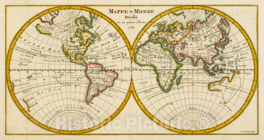 Historic Map : Mappe-Monde Divisee en ses quatre Parties 176, 1775, Anonymous, Vintage Wall Art