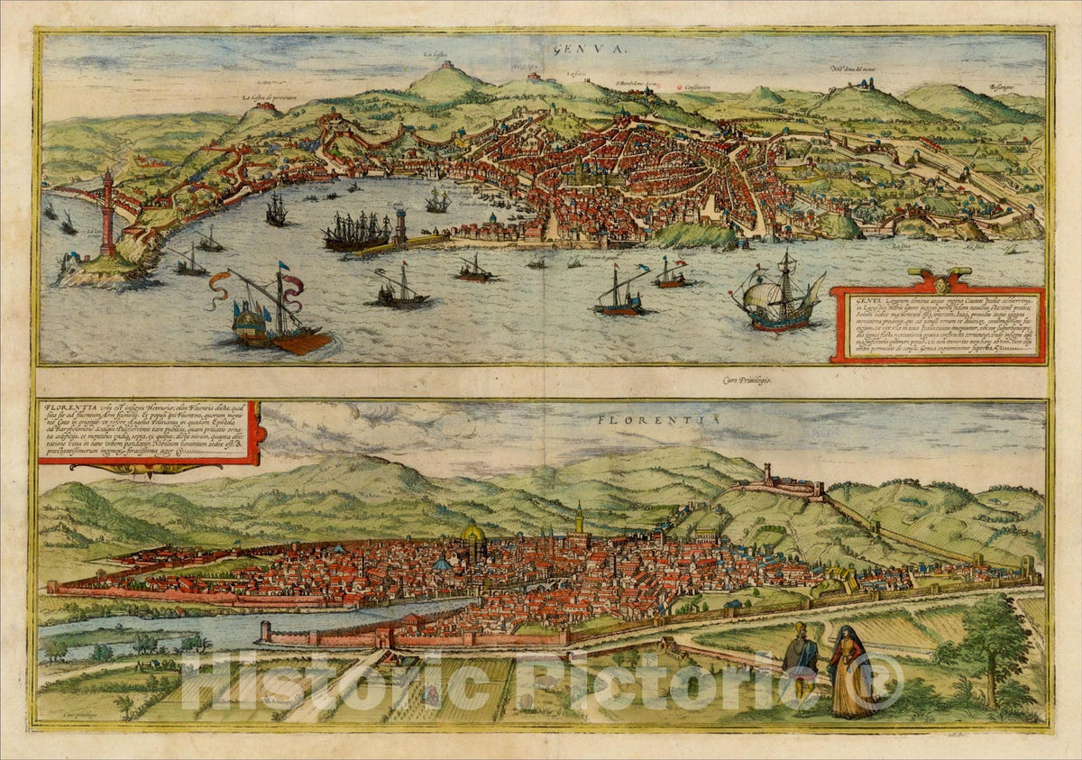 Historic Map : Genua Ligurum domina, [and] Florentia urbs est Insignis Hetruariae, olim Fluentia dicta, (Genoa and Florence), 1571, , Vintage Wall Art