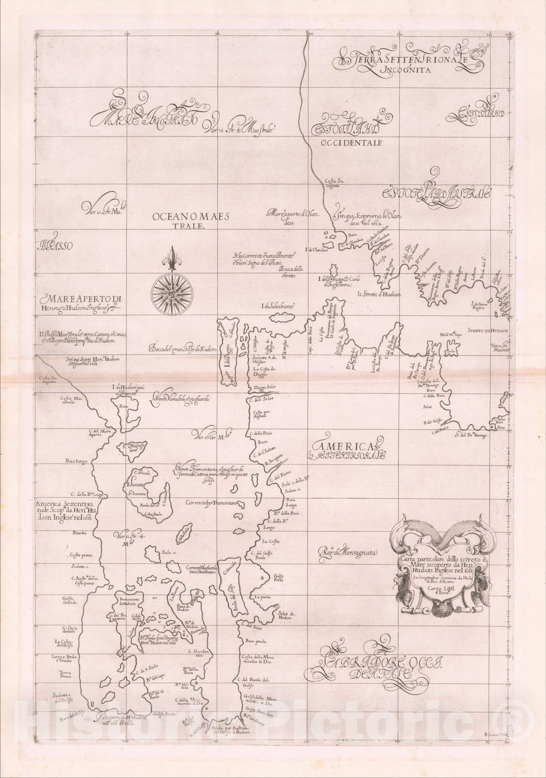 Historic Map : Carta particolare dello istreto e Mare iscoperto da Hen:o Hudson Ingilese nel 1611, 1647, Robert Dudley, Vintage Wall Art