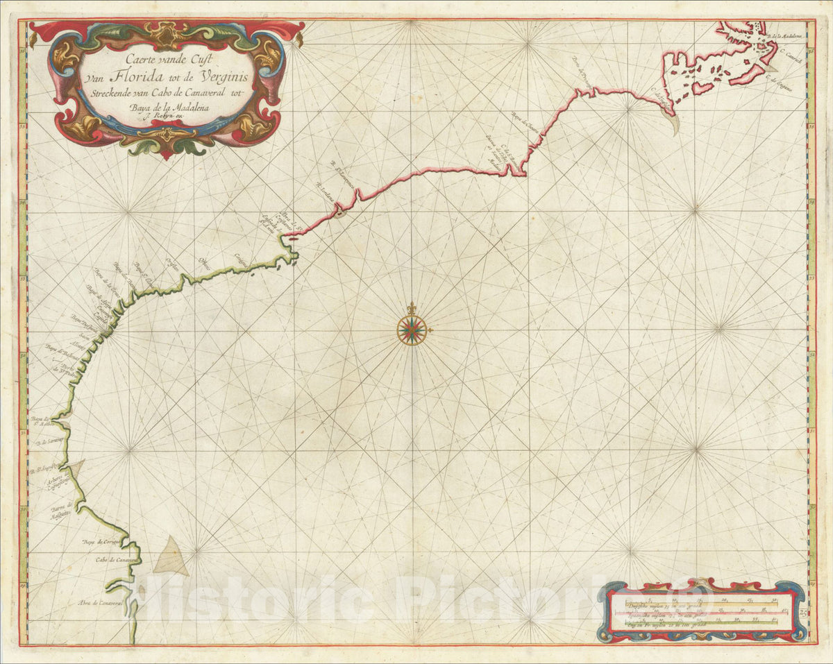 Historic Map : Caerte vande Cust van Florida tot de Verginis Streckende van Cabo de Canaveral tot Baya de la Madalena, 1678, Arent Roggeveen, Vintage Wall Art