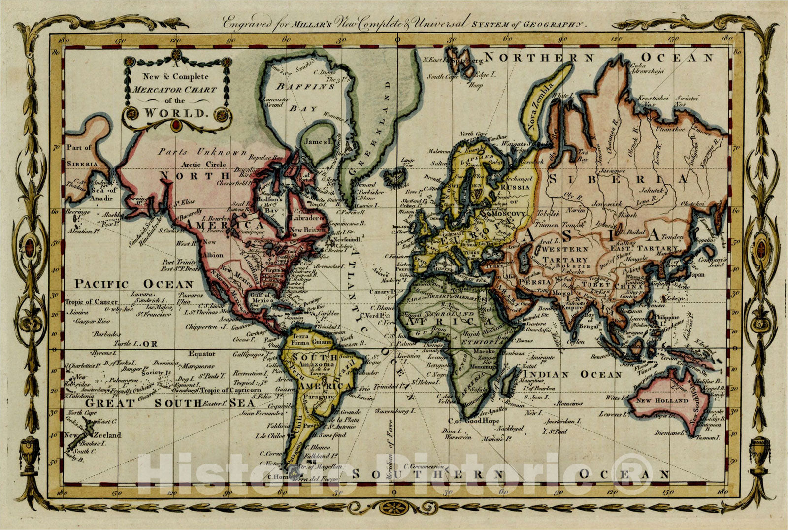 Historic Map : A New & Complete Mercator Chart of the World, c1780, Andrew Millar, Vintage Wall Art