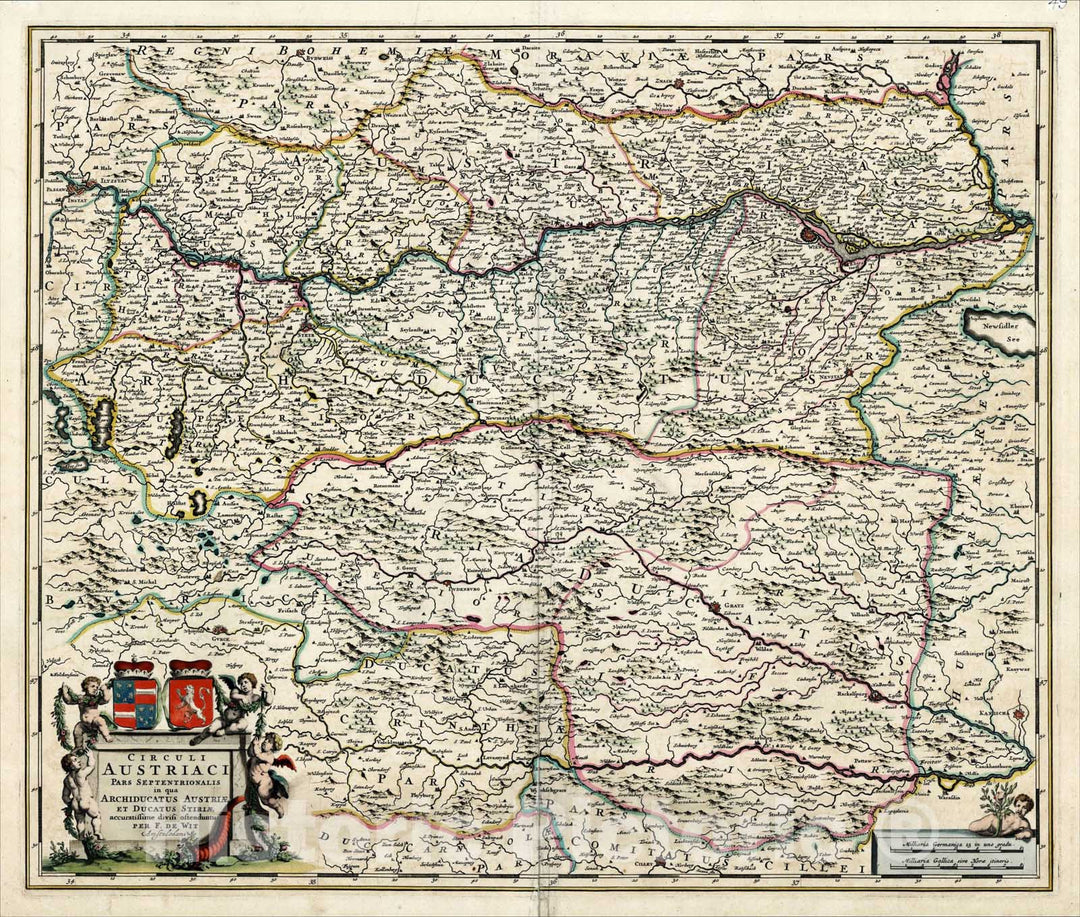 Historic Map : Circuli Austriaci Pars Septentrionalis in qua Archiducatus Austriae et Ducatus Stiriae, (Gold leaf highlights), c1688, , Vintage Wall Art