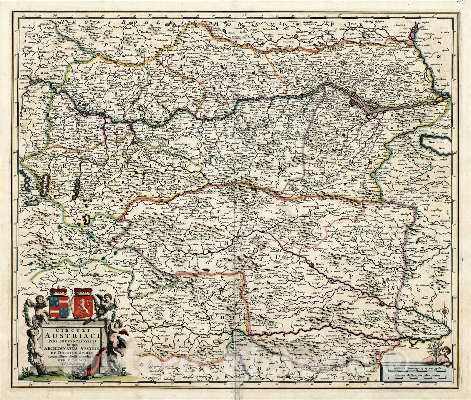 Historic Map : Circuli Austriaci Pars Septentrionalis in qua Archiducatus Austriae et Ducatus Stiriae, (Gold leaf highlights), c1688, , Vintage Wall Art