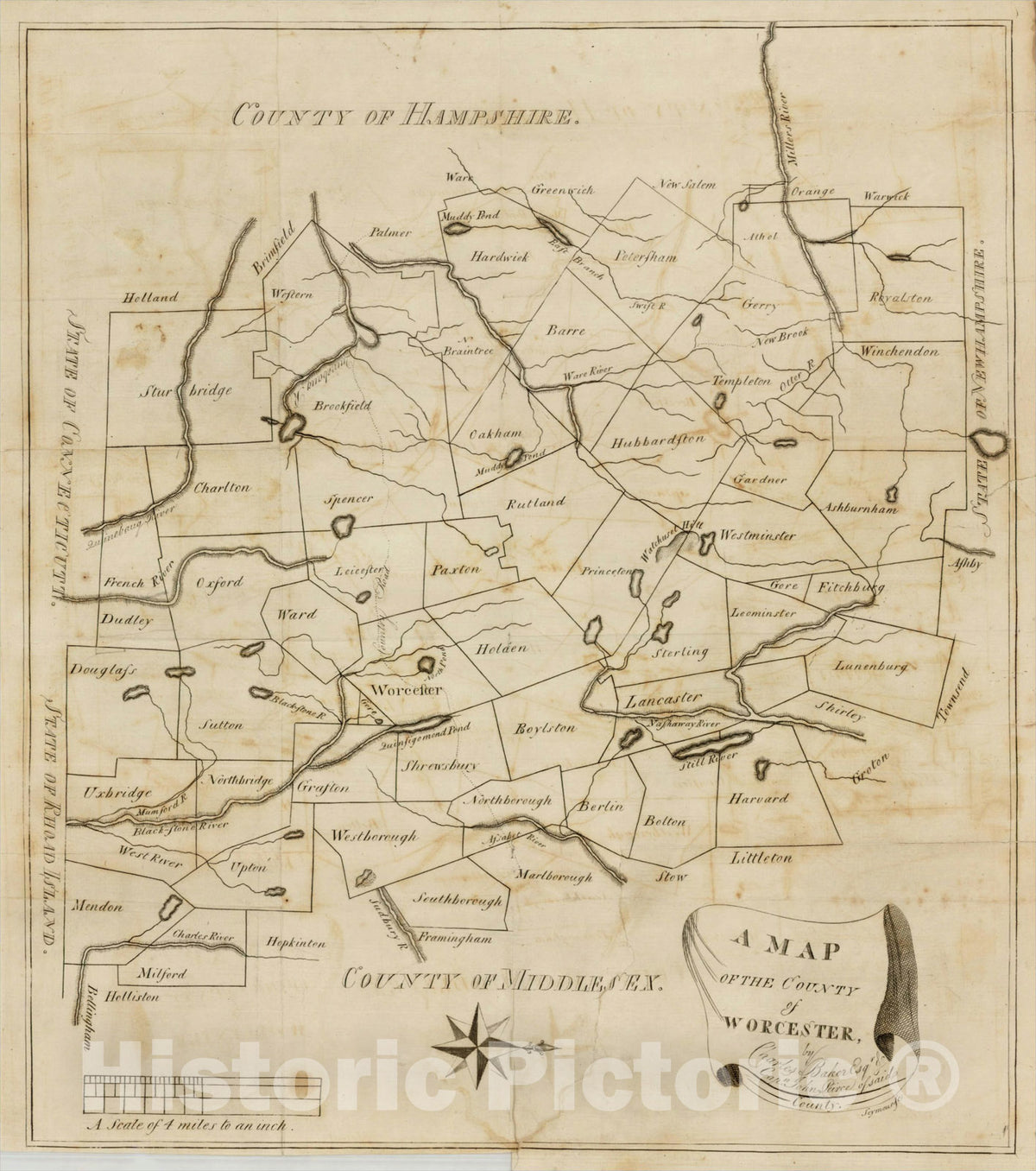 Historic Map : A Map of the County of Worcester by Charles Baker, Esq. & Captain John Pierce of Said County, 1793, , Vintage Wall Art