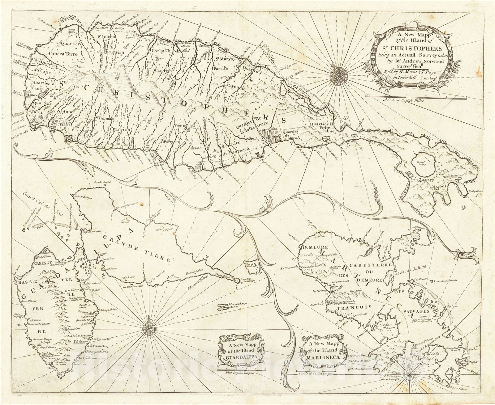Historic Map : Map of the Island Guardalupa and Island Martineca, c1698, William Mount, Vintage Wall Art