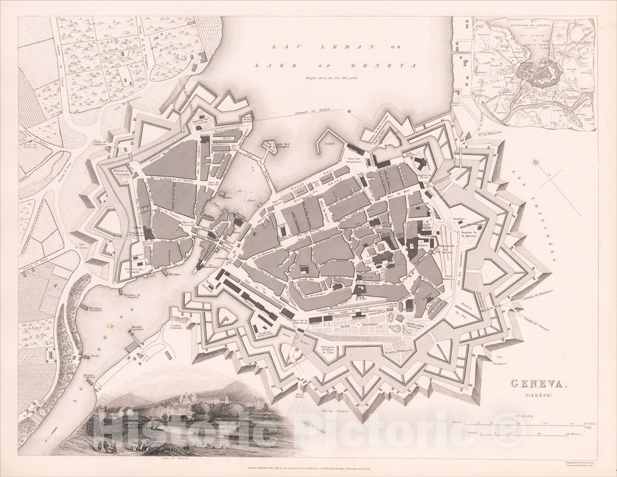 Historic Map : Geneva [Gen?e], 1841, Society for the Diffusion of Useful Knowledge, v2, Vintage Wall Art