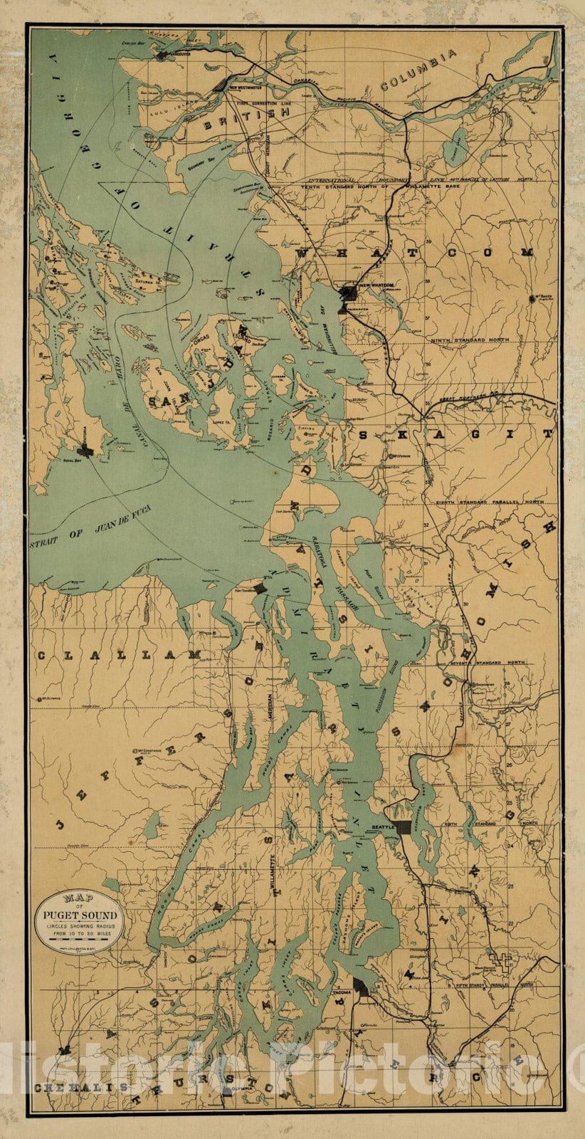 Historic Map : Map of Puget Sound -- Circles Showing Radius From 1 to 5 Miles, c1885, Britton & Rey, Vintage Wall Art