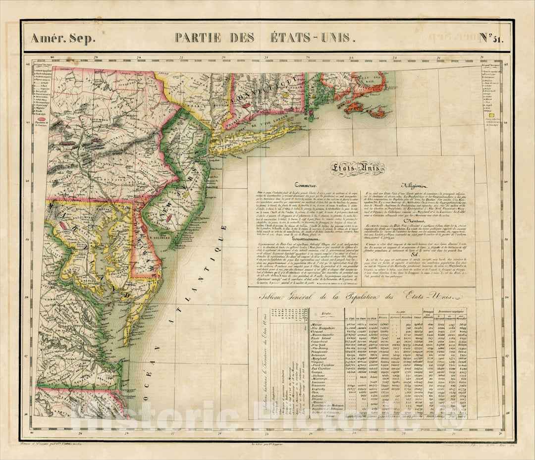 Historic Map : Amer. Sep. No. 51. Partie des ?tats Unis [Virginia, Maryland, Delaware, New Jersey, Pennsylvania, New York, Connecticut, etc.], 1825, , Vintage Wall Art