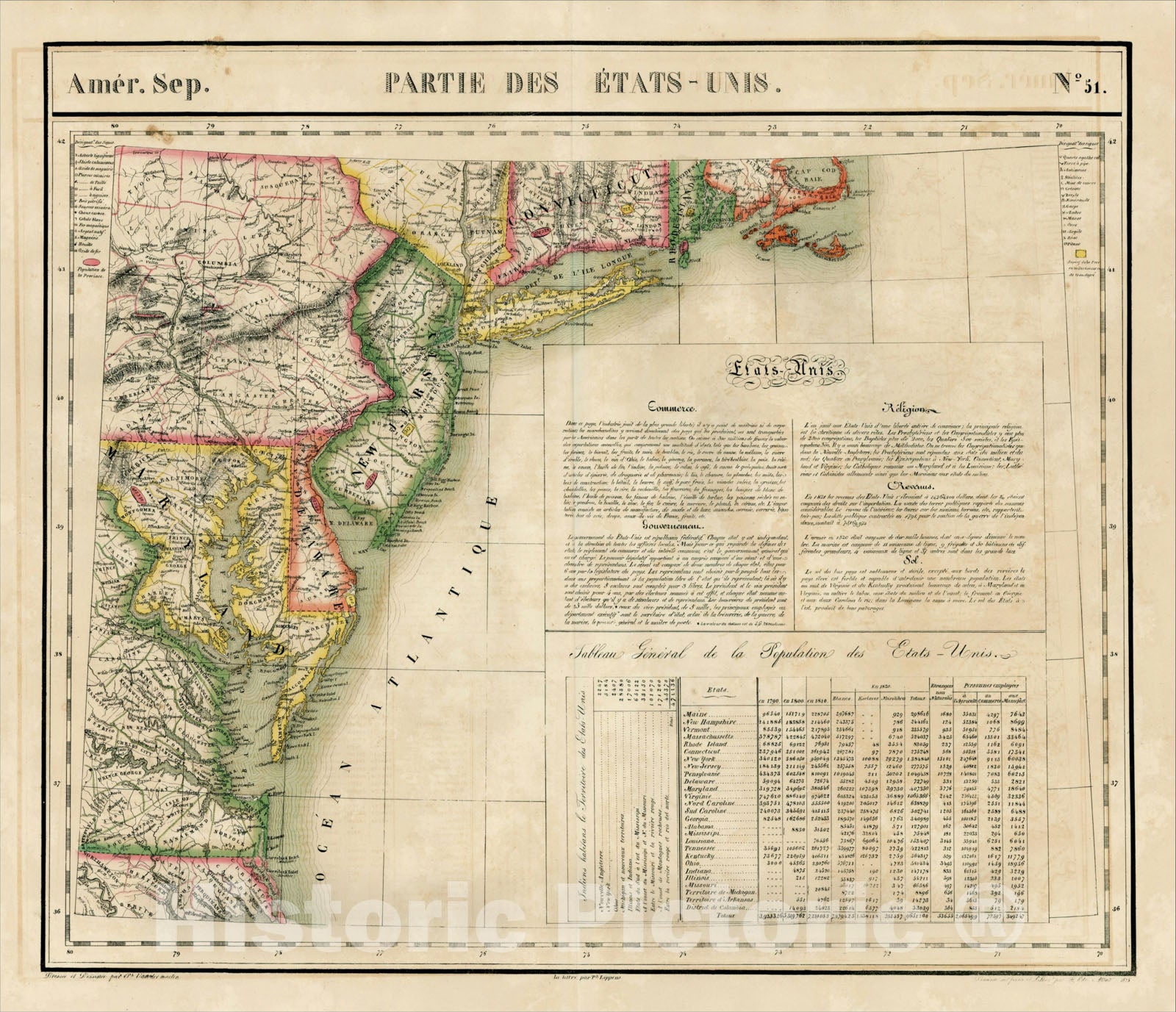 Historic Map : Amer. Sep. No. 51. Partie des ?tats Unis [Virginia, Maryland, Delaware, New Jersey, Pennsylvania, New York, Connecticut, etc.], 1825, , Vintage Wall Art