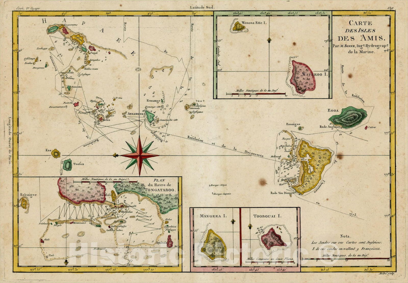Historic Map : Carte Des Isles Des Amis with Plan du Havre De Tongatoaboo, 1787, Rigobert Bonne, Vintage Wall Art