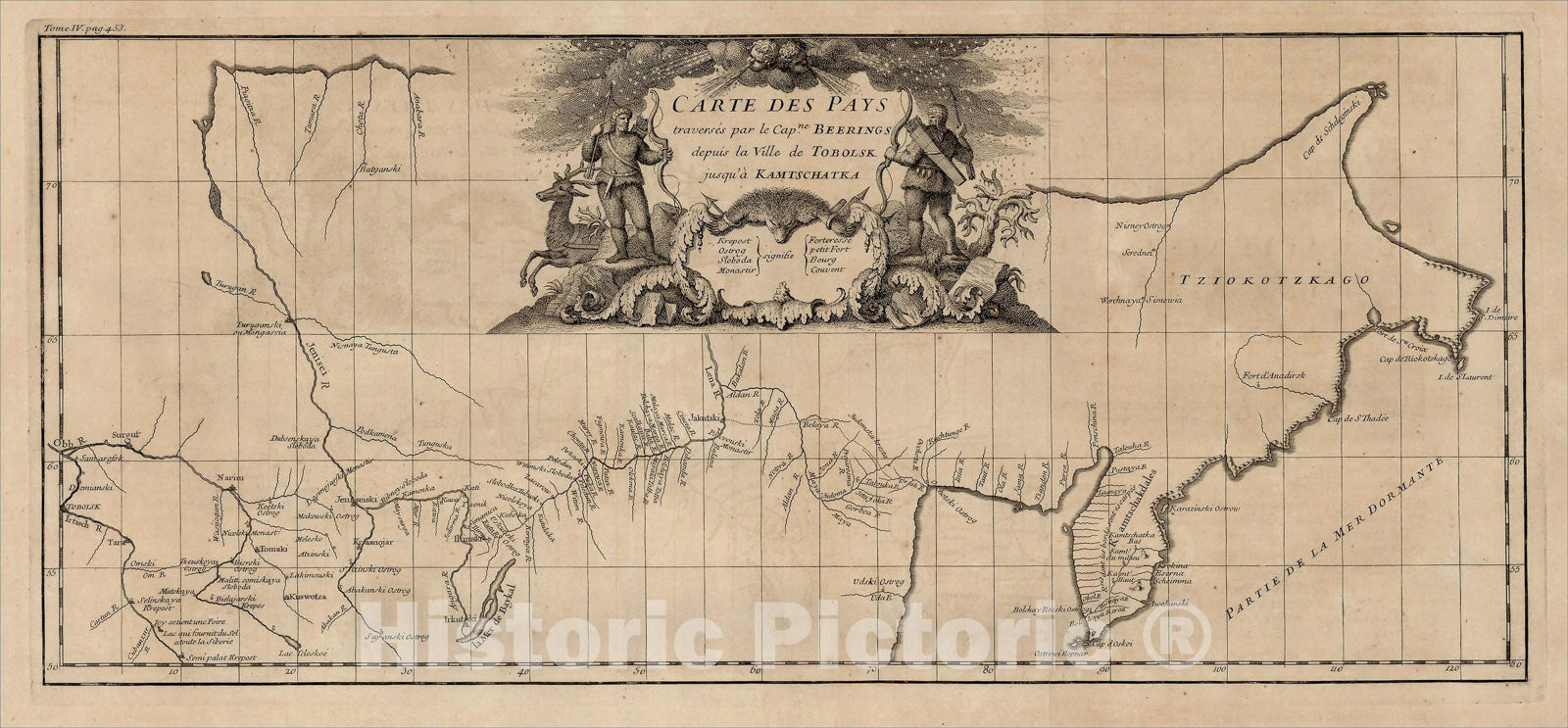 Historic Map : Carte Des Pays traverses par le Capn. Beerings depuis la Ville de Tobolsk jusqua'a Kamtschatka , 1737, Jean-Baptiste Bourguignon d'Anville, Vintage Wall Art