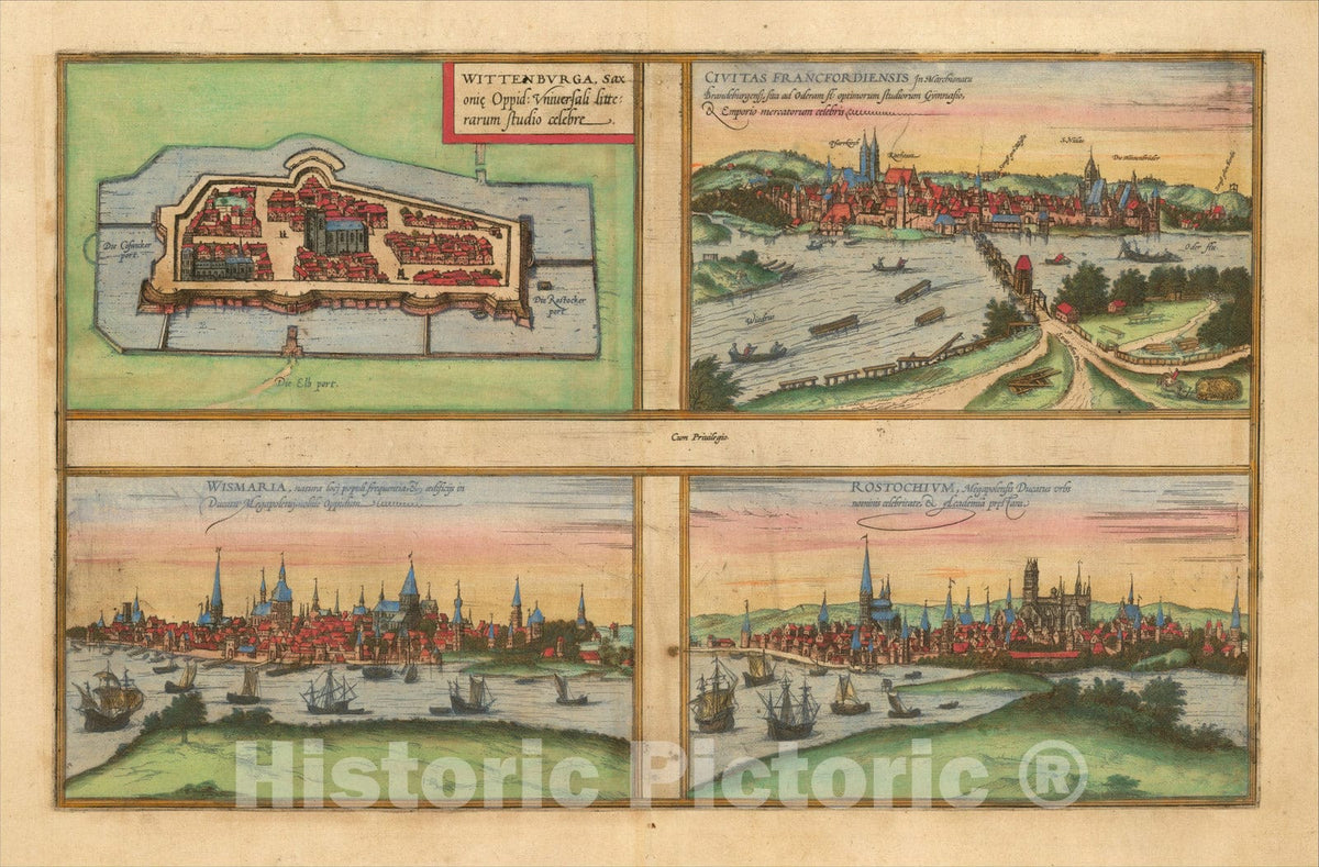 Historic Map : (Rostock, Wismar, Wittenberg, Frankfurt am Oder) Wittenburga, Saxonie Oppid, 1574, Georg Braun, Vintage Wall Art