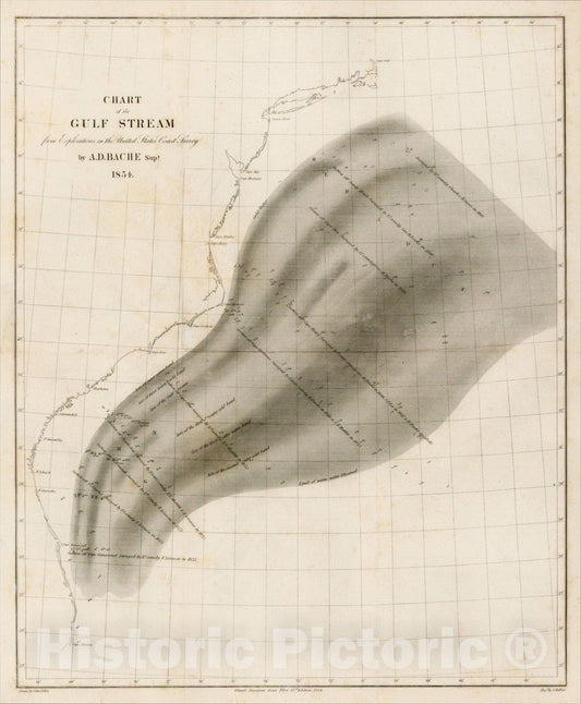 Historic Map : Chart of the Gulf Stream from Explorations in the United States Coast Survey by A.D. Bache, Supt. 1854, 1854, Alexander Dallas Bache, Vintage Wall Art