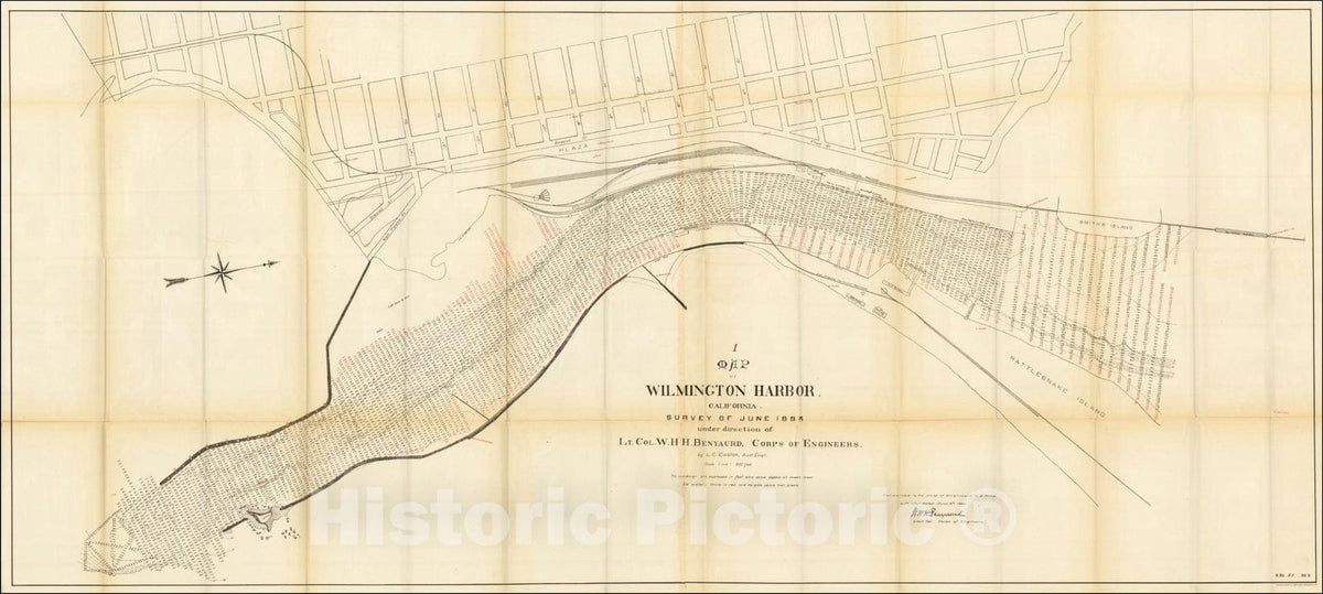 Historic Map : Map of Wilmington Harbor, Survey of June 1893 under direction of Lt. Col. W.H. Benyaurd, Corps of Engineers, 1894, U.S. Army Corps of Engineers, Vintage Wall Art