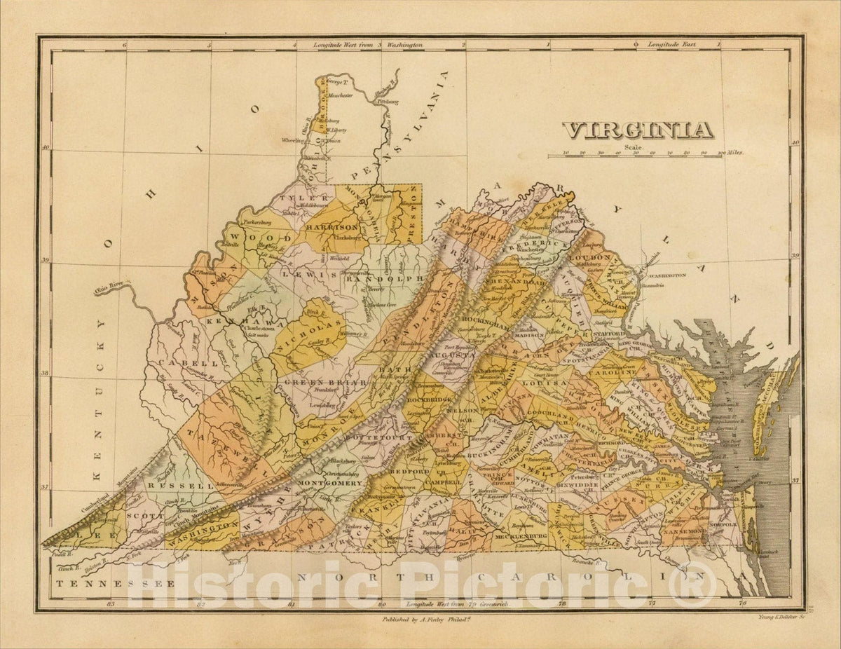 Historic Map : Virginia, 1824, Anthony Finley, v2, Vintage Wall Art