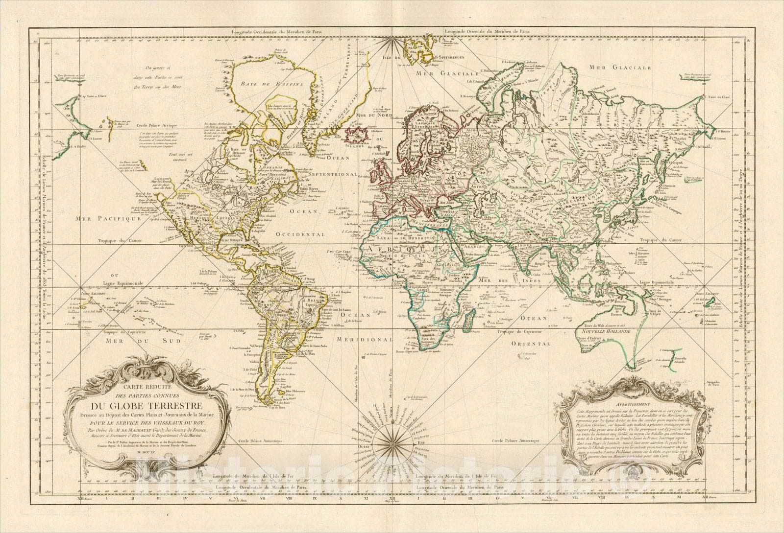 Historic Map : Carte Reduite Des Parties Connues Du Globe Terrestre Dressee au Depost des Cartes Plans et Journaux de la Marine, MDCCLV, 1755, Vintage Wall Art