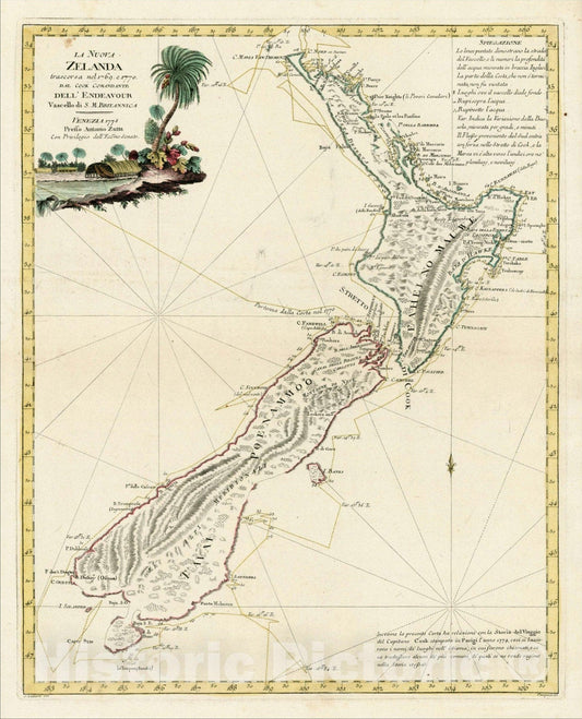 Historic Map : La Nuova Zelanda trascorsa nel 1769 e 177 d'al Cook Comandante dell' Endeavour Vascello di S. M. Britannica, 1794, Antonio Zatta, Vintage Wall Art