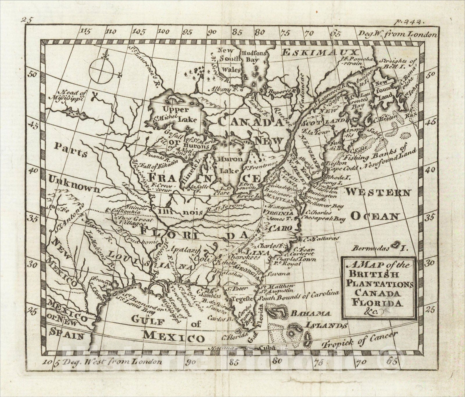 Historic Map : A Map of the British Plantations Canada Florida andc., c1742, John Cowley, Vintage Wall Art