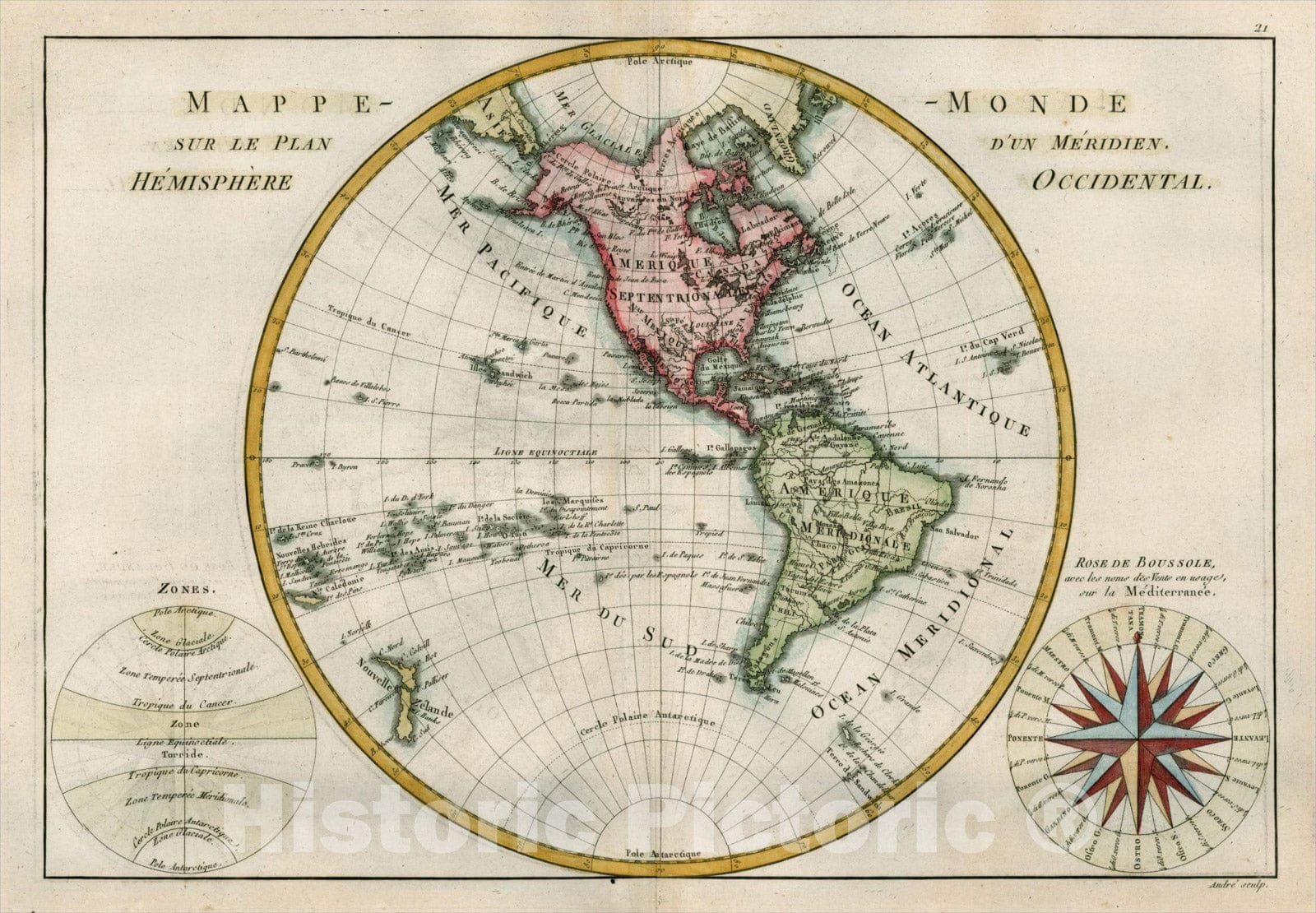 Historic Map : Mappe-Monde sur Le Plan D'Un Meridien Hemisphere Occidentale [w, 1787, Rigobert Bonne, Vintage Wall Art