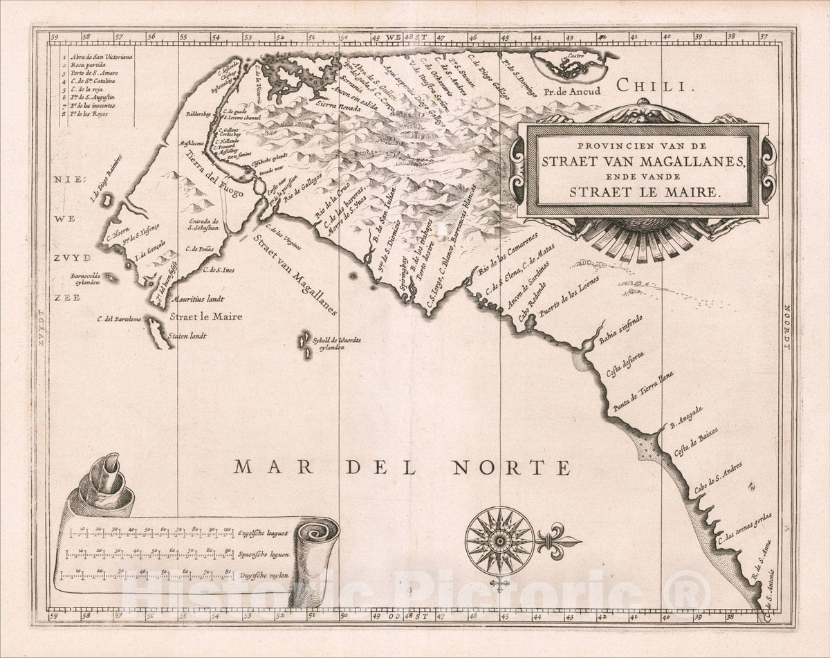Historic Map : Provincien van de Straet van Magallanes, Ende Vande Straet Le Maire, 1625, Joannes De Laet, Vintage Wall Art