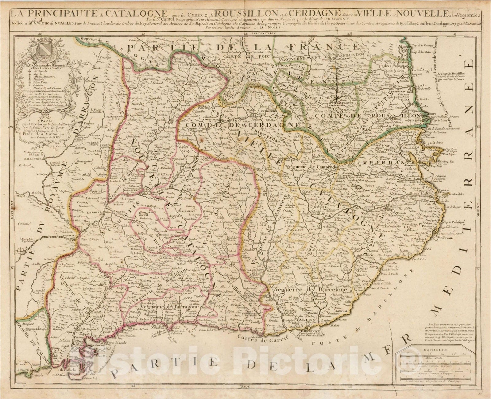 Historic Map : La Principaute de Catalogne avec les Comtez de Roussillon et de Cerdagne divisee en Vielle et Nouvelle, 1694, , Vintage Wall Art