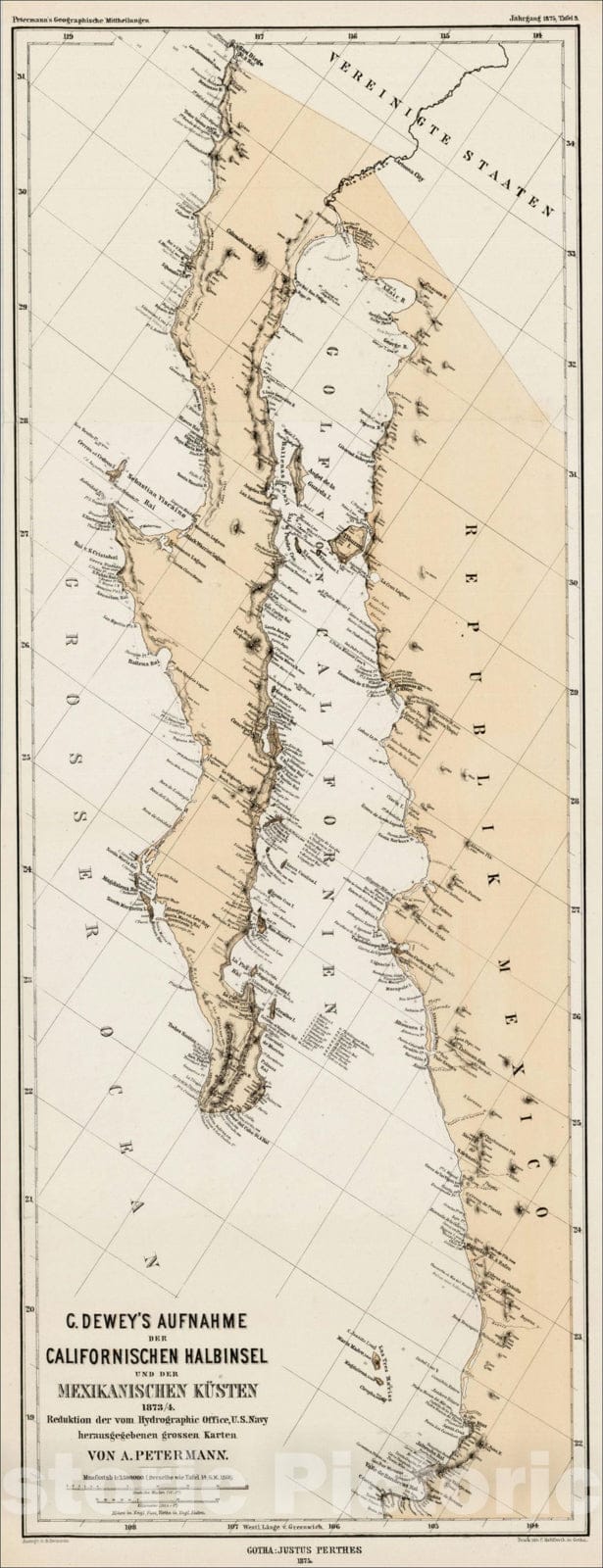 Historic Map : G. Dewey's Aufnahme Der Californischen Halbinsel und der Mexikanischen Kusten 1873, 1875, Augustus Herman Petermann, Vintage Wall Art