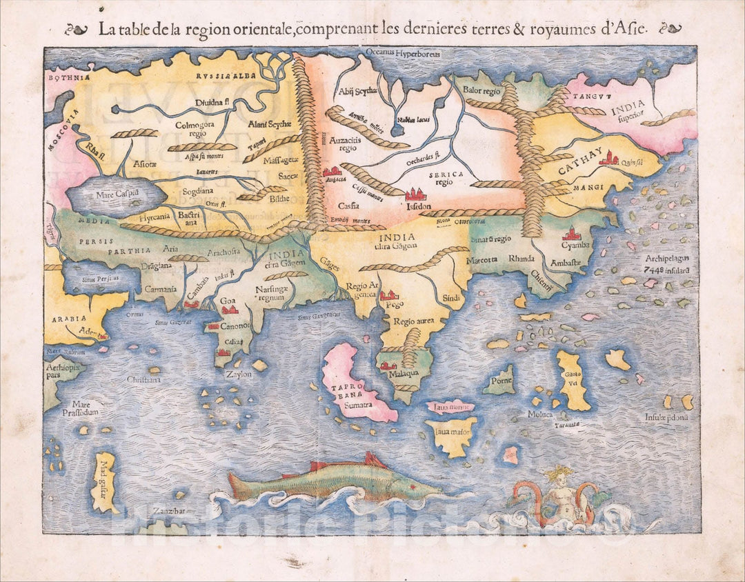 Historic Map : La Table de la region orientale, comprenant les dernieres terres and royaumes d'Asie (1st Printed Map of Asia), 1556, Sebastian M?nster, Vintage Wall Art