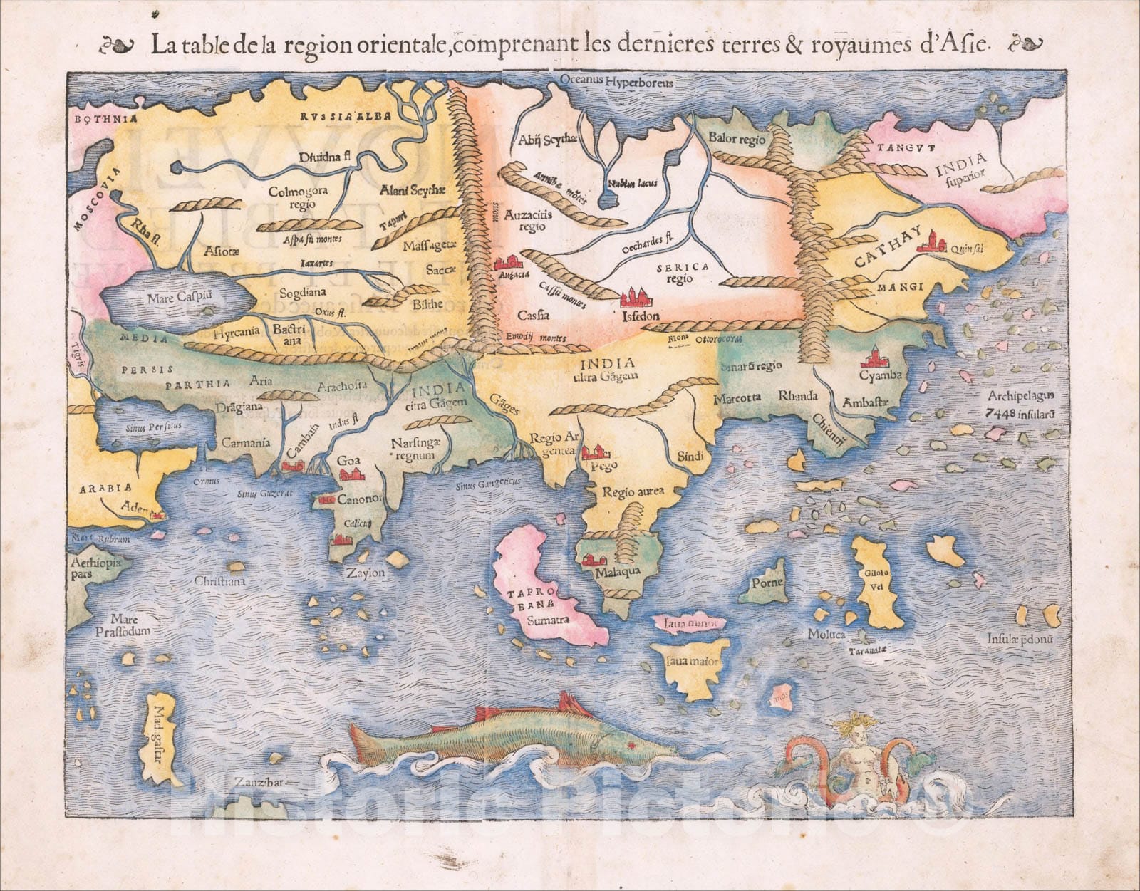 Historic Map : La Table de la region orientale, comprenant les dernieres terres and royaumes d'Asie (1st Printed Map of Asia), 1556, Sebastian M?nster, Vintage Wall Art