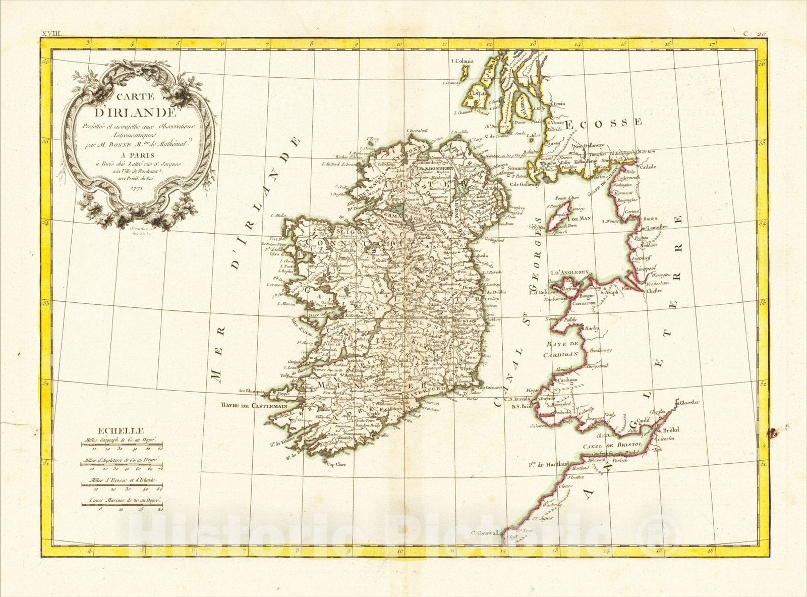 Historic Map : Carte D'Irlande, 1771, 1771, Jean Lattre, Vintage Wall Art