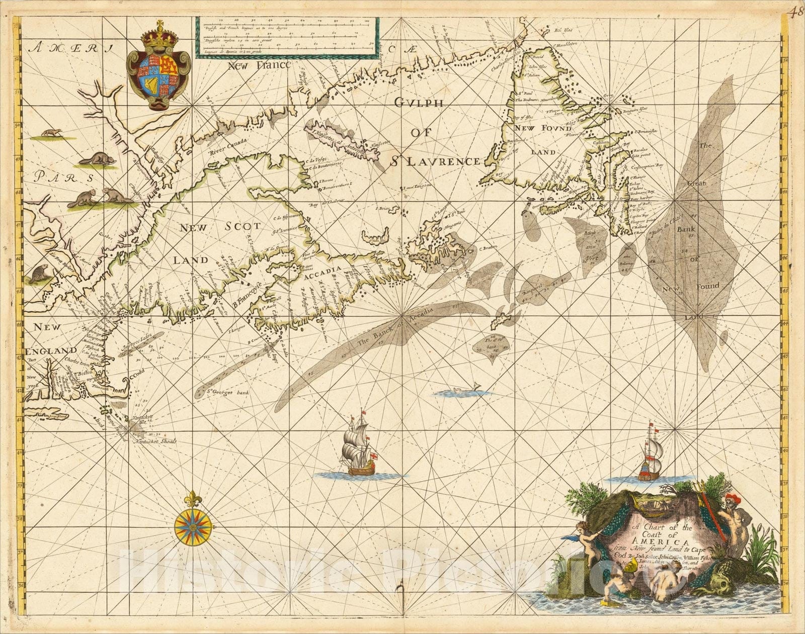 Historic Map : A Chart of the Coast of America from New found Land to Cape Cod, c1674, John Seller, Vintage Wall Art