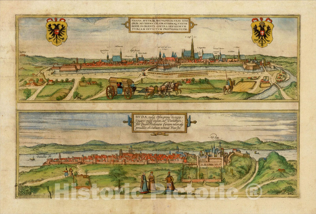 Historic Map : Vienna Austria Metropolis, (and) Buda, vulgo Ofen, prima & regia Ungaria regni civitas, c1580, Georg Braun, Vintage Wall Art