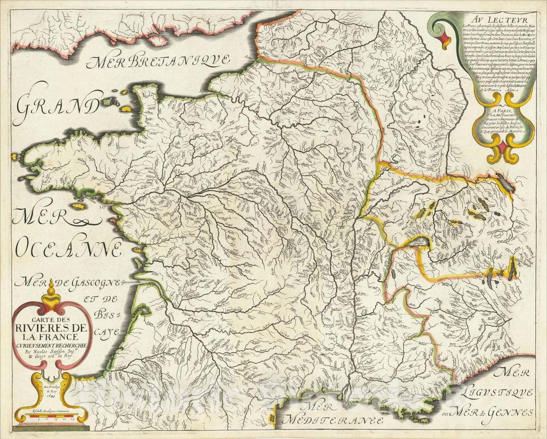 Historic Map : Carte des rivi?es de la France, curieusement recherch? par Nicolas Sanson, 1641, 1641, Nicolas Sanson, Vintage Wall Art