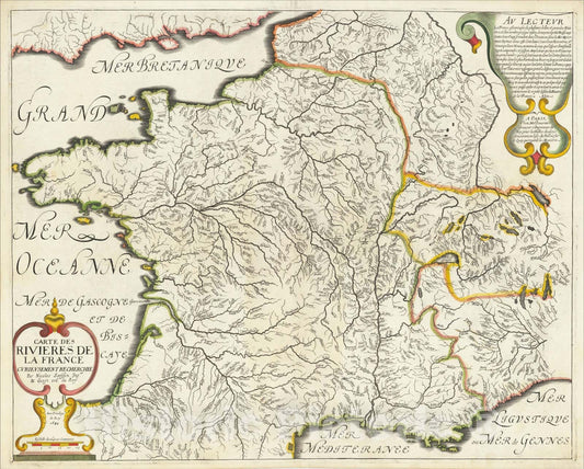 Historic Map : Carte des rivi?es de la France, curieusement recherch? par Nicolas Sanson, 1641, 1641, Nicolas Sanson, Vintage Wall Art