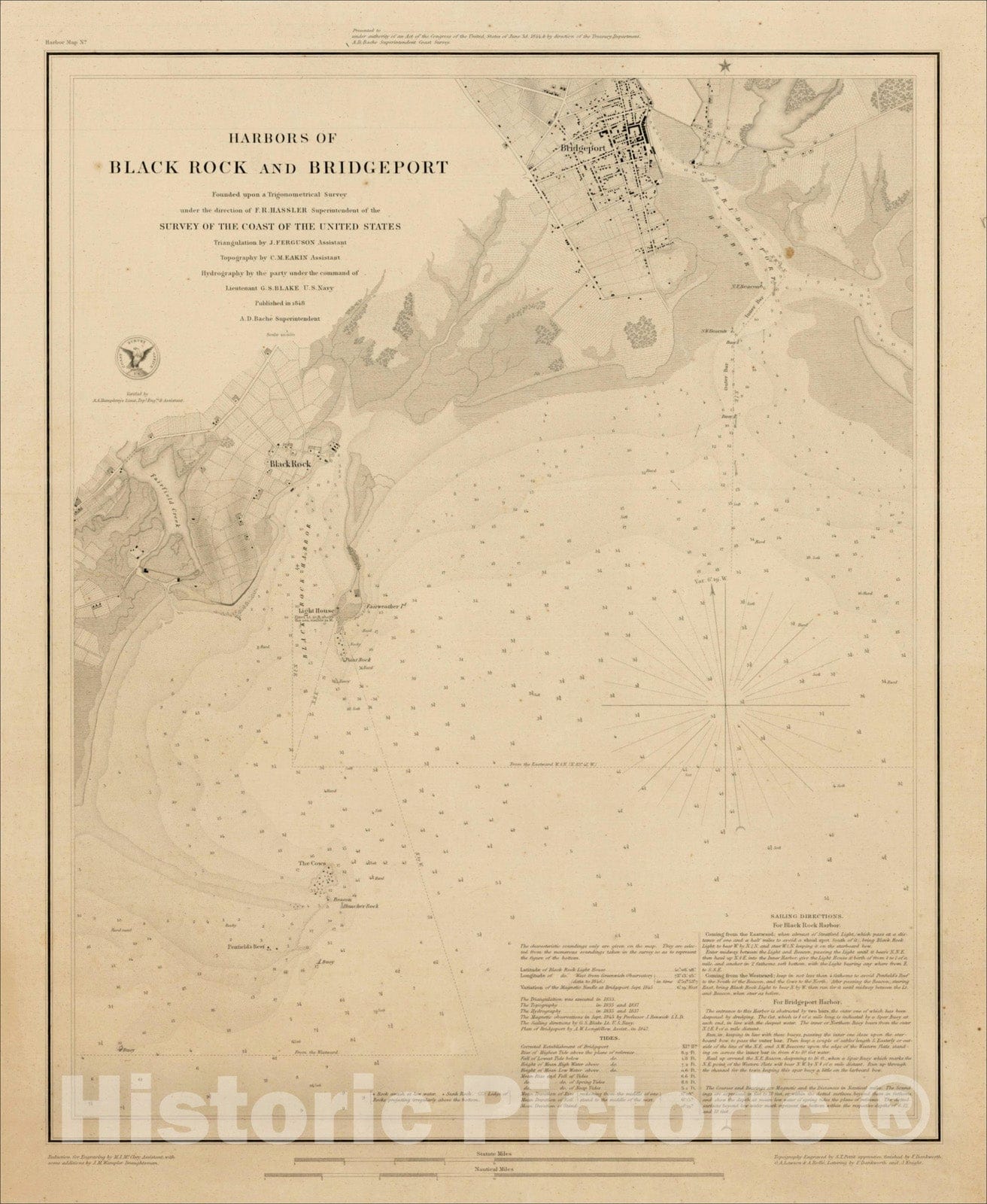Historic Map : Harbors of Black Rock and Bridgeport Founded upon a Trigonometric Survey under the direction of F.R. Hassler, 1848, 1848, , Vintage Wall Art