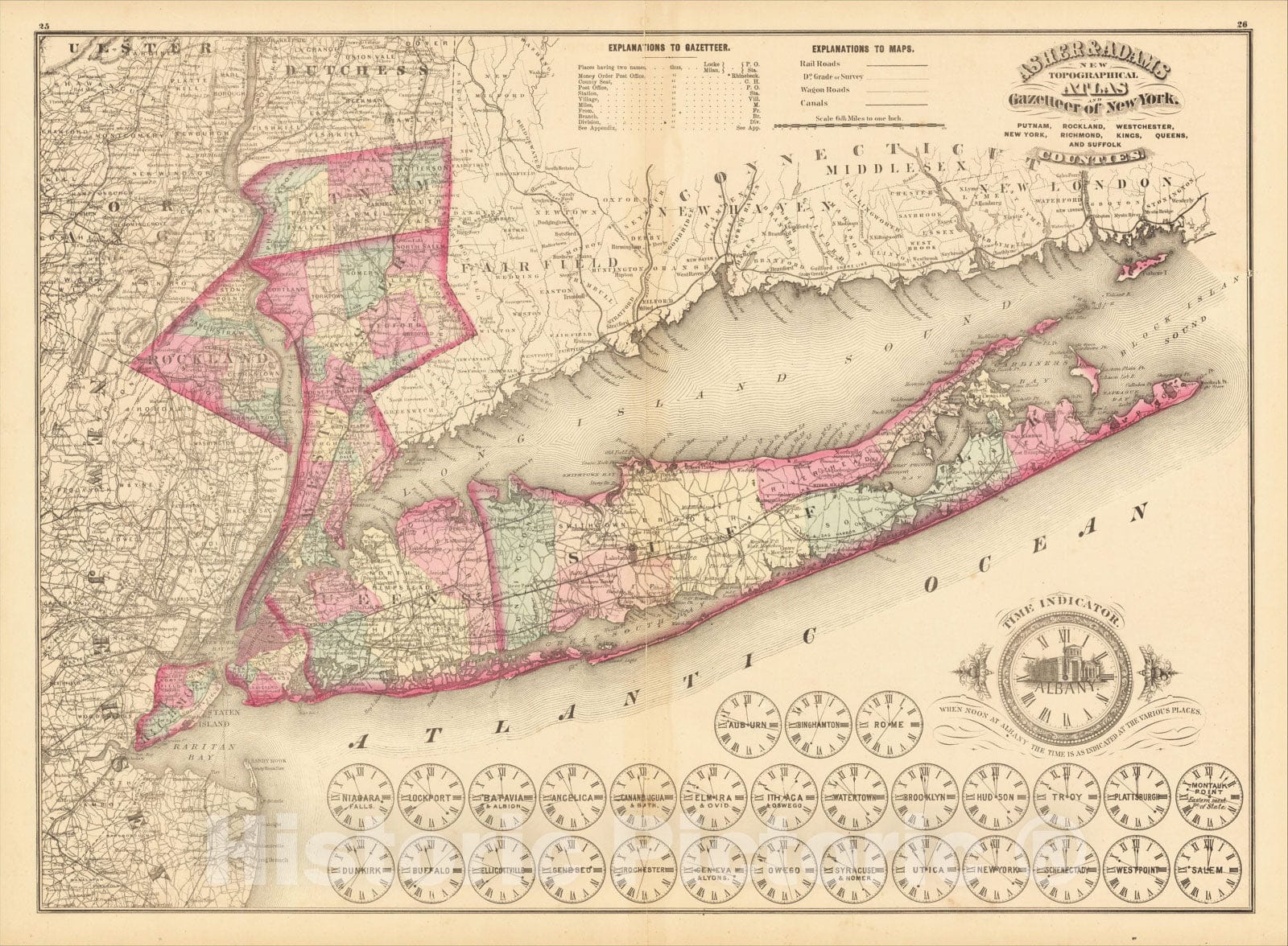Historic Map : Putnam, Rockland, Westchester, New York, Richmond, Kings, Queesn, and Suffolk Counties, 1870, Asher & Adams, Vintage Wall Art