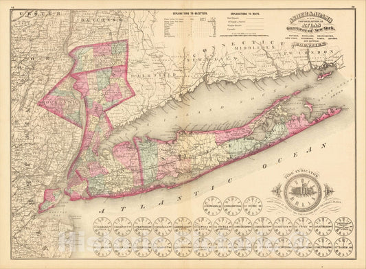 Historic Map : Putnam, Rockland, Westchester, New York, Richmond, Kings, Queesn, and Suffolk Counties, 1870, Asher & Adams, Vintage Wall Art