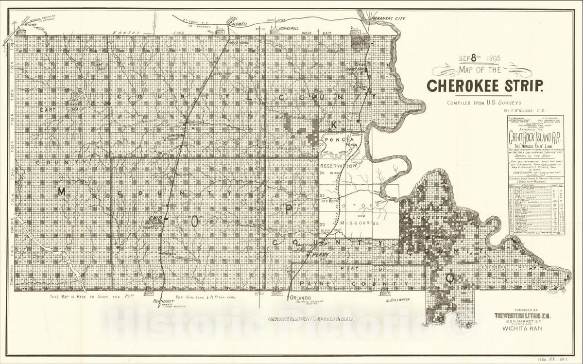 Historic Map : Sep. 8th 1893 Map of the Cherokee Strip. Compiled From U.S. Surveys By E.W. Wiggins C.E., 1893, Western Lithographing Co., Vintage Wall Art
