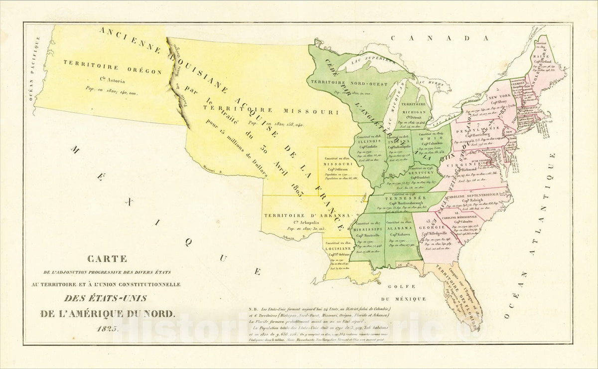 Historic Map : Carte de l'adjonction progressive des divers etats au territoire et a l'union constitutionnelle des Etats-Unis de l'Amerique du Nord., 1825, Vintage Wall Art