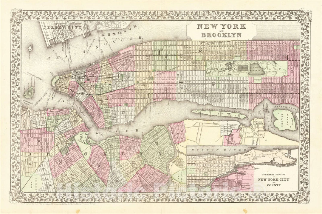 Historic Map : New York and Brooklyn, 1882, Samuel Augustus Mitchell Jr., Vintage Wall Art