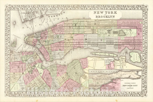 Historic Map : New York and Brooklyn, 1882, Samuel Augustus Mitchell Jr., Vintage Wall Art