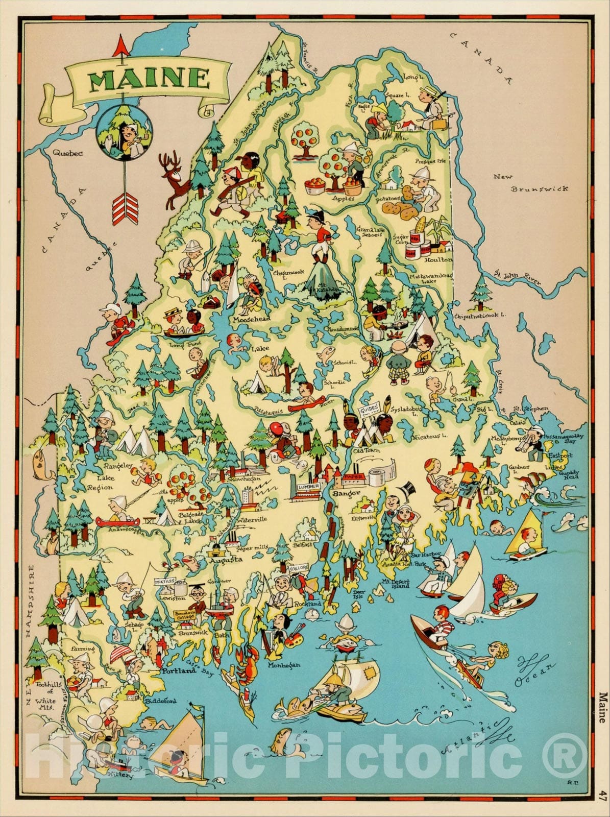 Historic Map : Maine, 1935, Ruth Taylor White, Vintage Wall Art