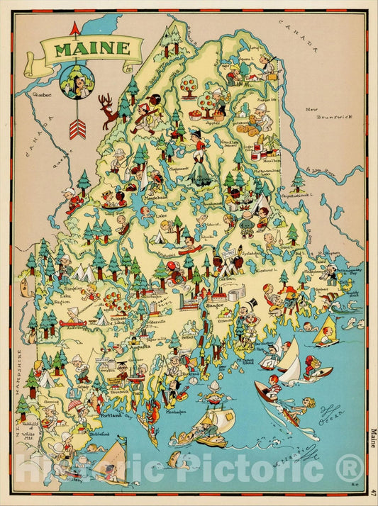 Historic Map : Maine, 1935, Ruth Taylor White, Vintage Wall Art