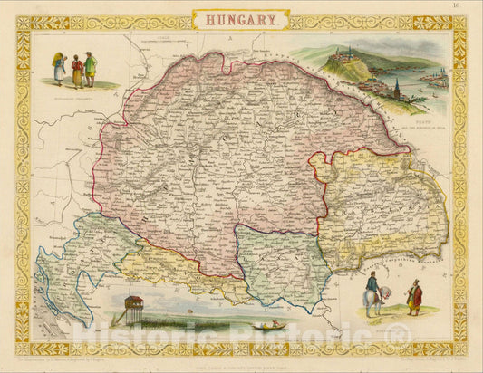 Historic Map : Hungary, 1851, John Tallis, v1, Vintage Wall Art