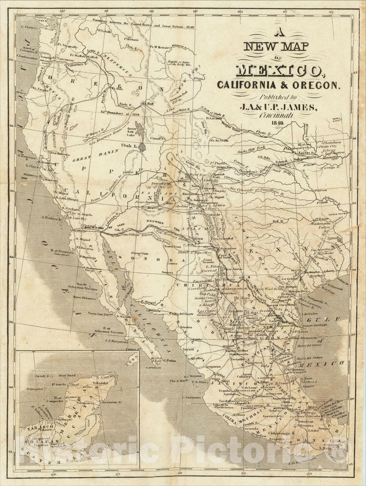 Historic Map : A New Map of Mexico, California, and Oregon, 1849, J.A. James & Co., Vintage Wall Art