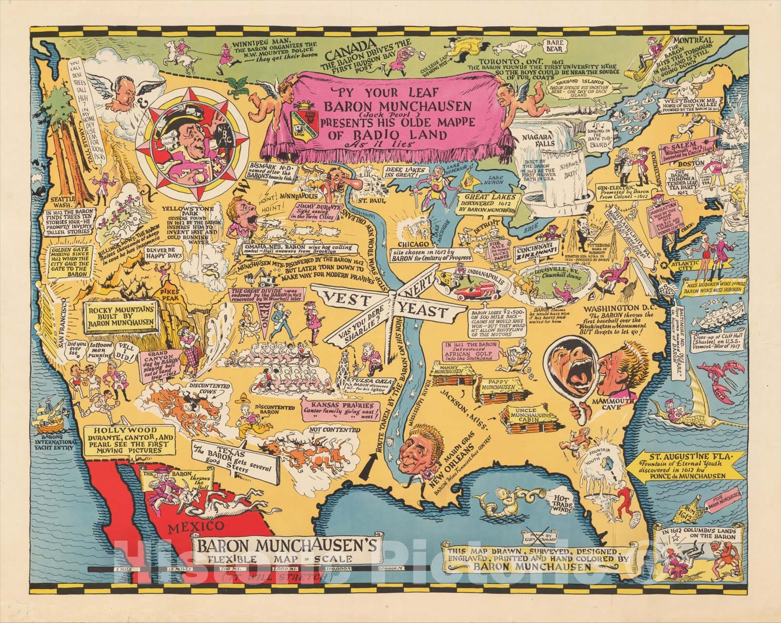 Historic Map : Py Your Leaf Baron Munchausen (Jack Pearl) Presents His Old Mappe of Radio Land as it lies, c1932, Glen Cravath, Vintage Wall Art
