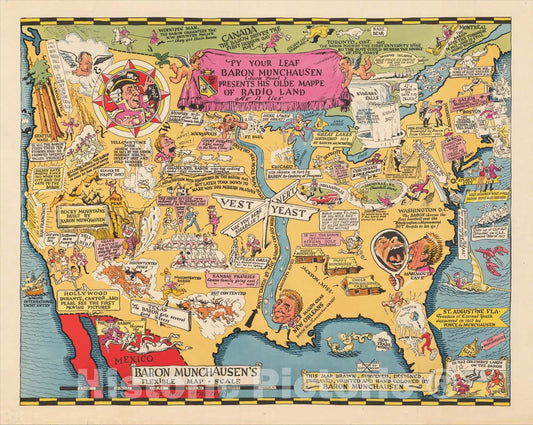 Historic Map : Py Your Leaf Baron Munchausen (Jack Pearl) Presents His Old Mappe of Radio Land as it lies, c1932, Glen Cravath, Vintage Wall Art
