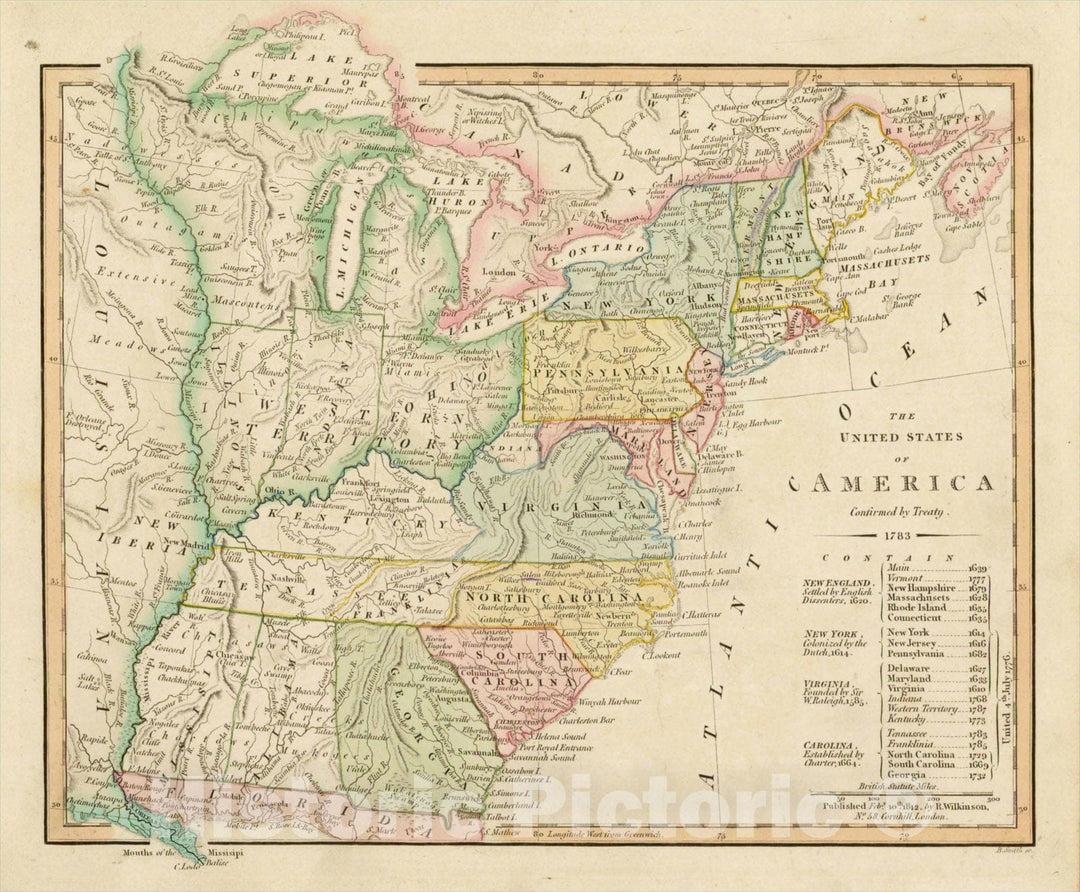 Historic Map : The United States of America Confirmed By Treaty 1783 [shows Franklinia], c1812, Robert Wilkinson, v1, Vintage Wall Art