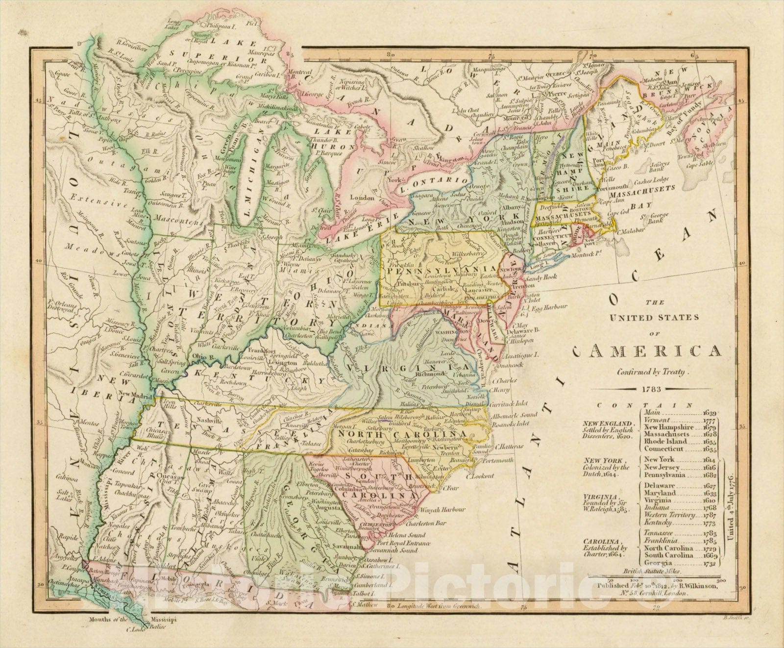 Historic Map : The United States of America Confirmed By Treaty 1783 [shows Franklinia], c1812, Robert Wilkinson, v1, Vintage Wall Art