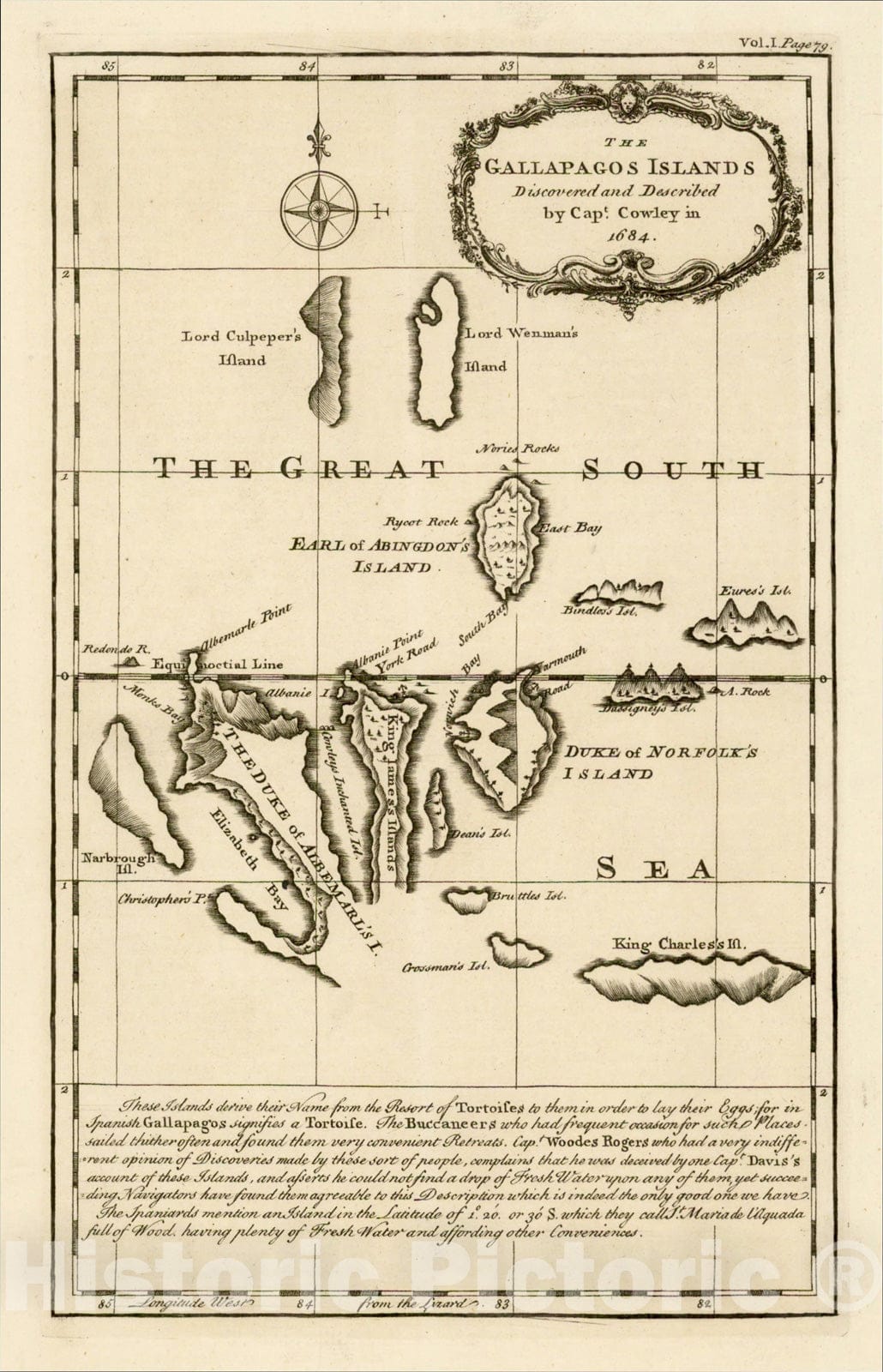 Historic Map : The Gallapagos Islands Discovered and Described by Capt. Cowley in 1684, 1744, Emanuel Bowen, v4, Vintage Wall Art